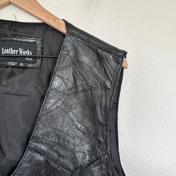 Vtg Leather Works Vest XL Black Patchwork Leather Snap Front Biker Moto USA - Picture 2 of 12